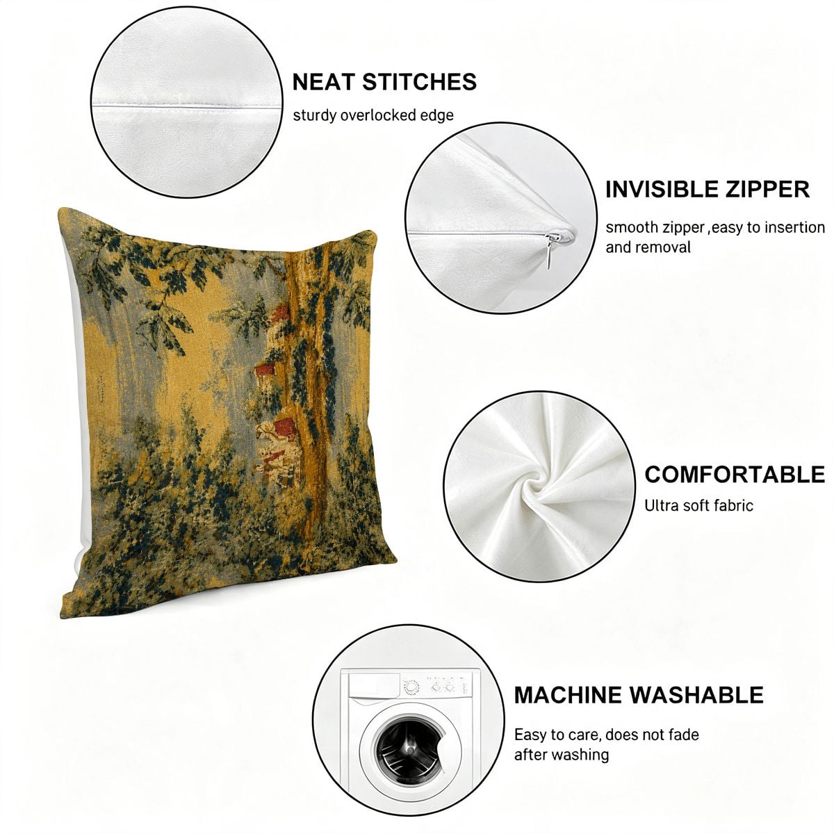 Vintage landscape pattern throw pillow with invisible zipper and soft fabric details.