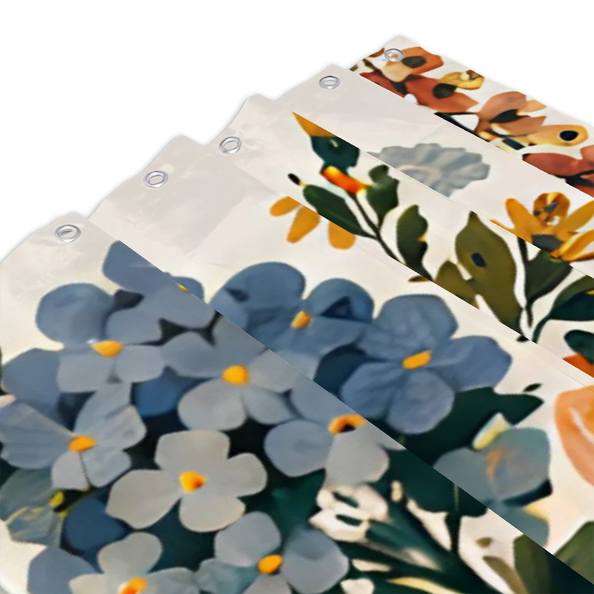 Floral pattern shower curtain with blue and yellow flowers on a white background.