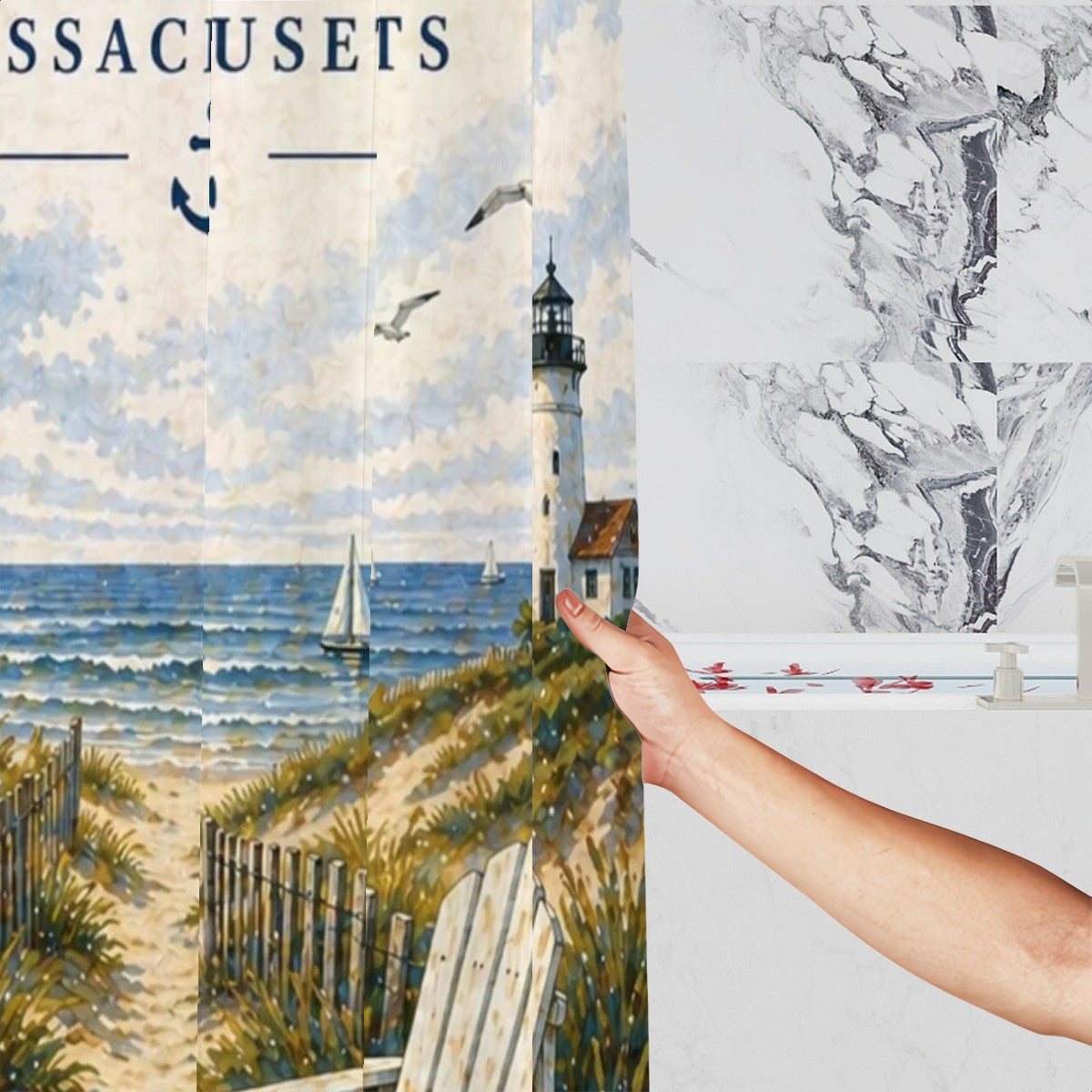 Cape Cod Shower Curtain by Sandy Beach featuring a coastal beach path lighthouse design for nautical bathroom decor.