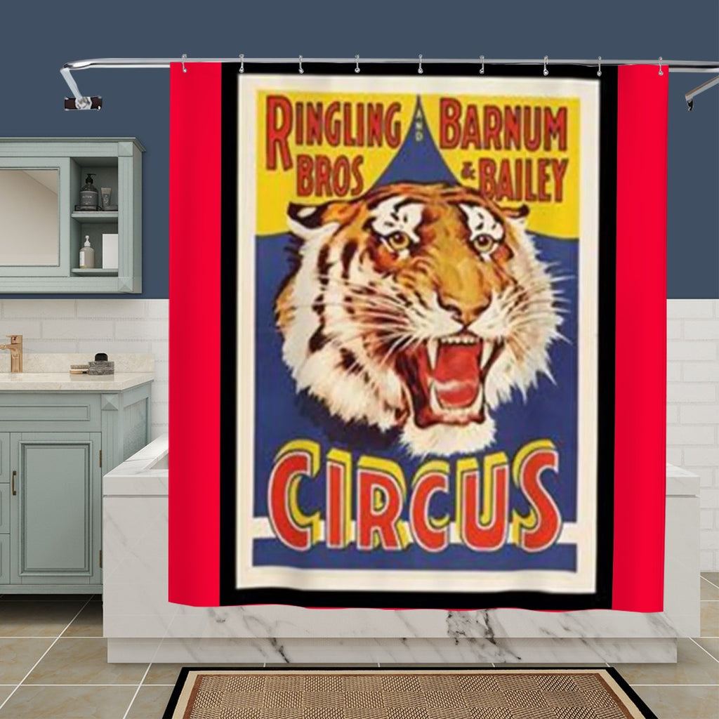 Sandy Beach Ringling Bros Barnum & Bailey Circus themed shower curtain featuring colorful circus imagery for bathroom decor.