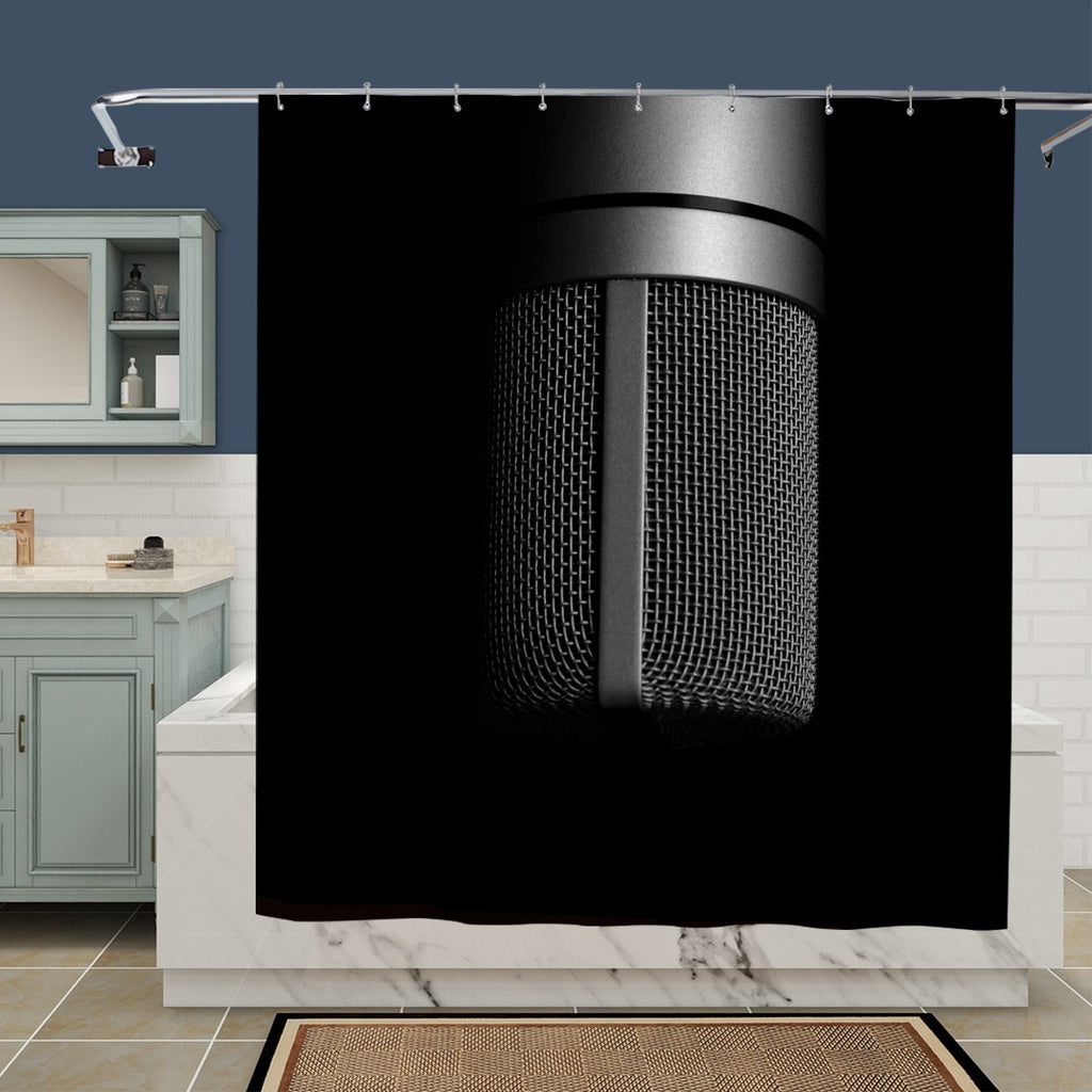 Sandy Beach studio microphone shower curtain with printed microphone design for bathroom decor.