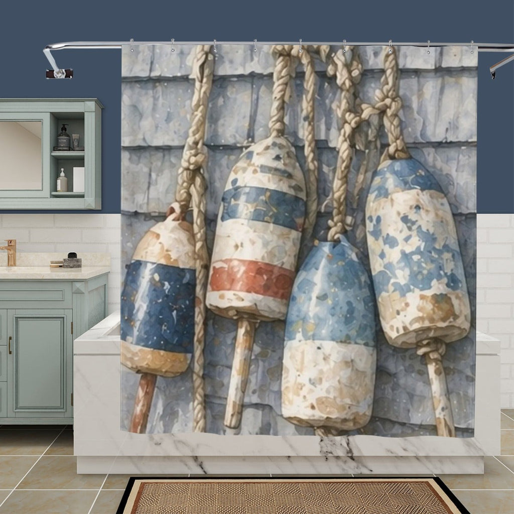 Sandy Beach bathroom decor shower curtain with a beach scene, featuring blue waves and sandy tones, hanging in a modern bathroom.