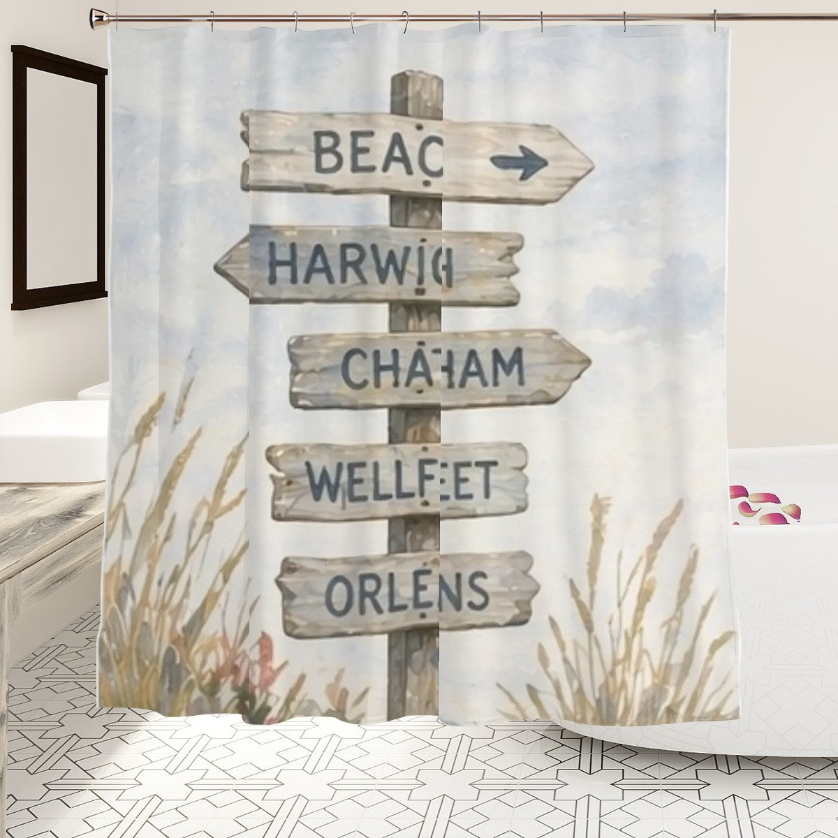 Sandy Beach bathroom decor shower curtain with ocean and sandy beach scene, waterproof fabric for bathroom decoration