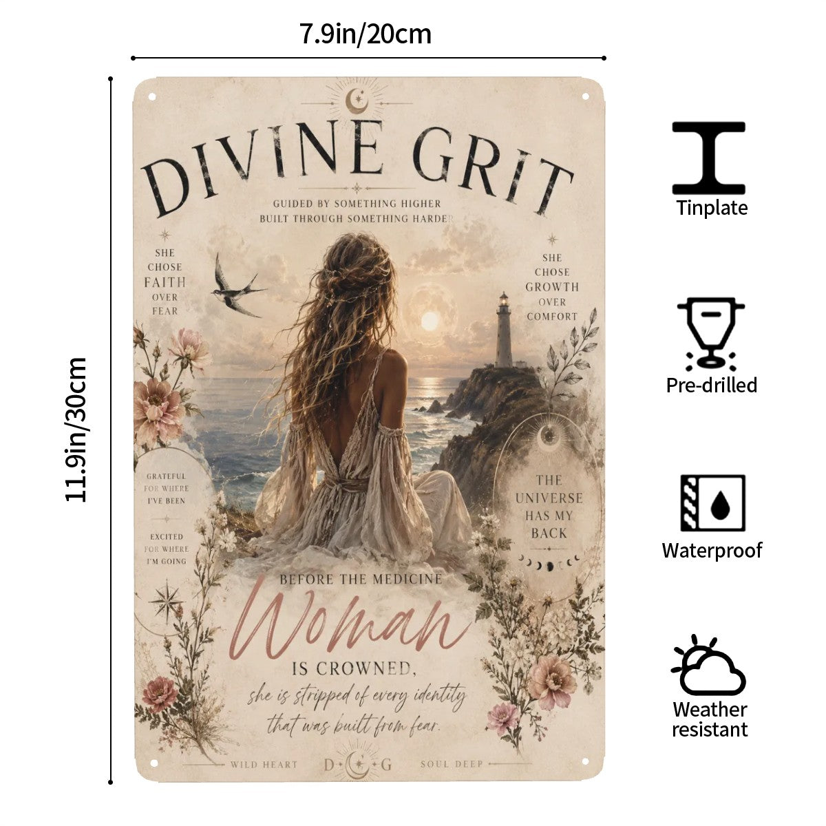 Divine Grit inspirational metal sign featuring a woman by the ocean with empowering quotes.