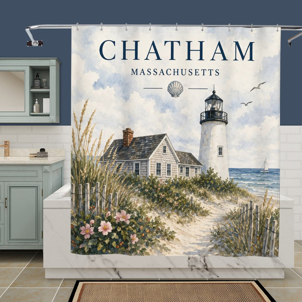 Sandy Beach bathroom decor shower curtain with ocean and sandy beach scene, waterproof fabric, and vibrant seaside colors.