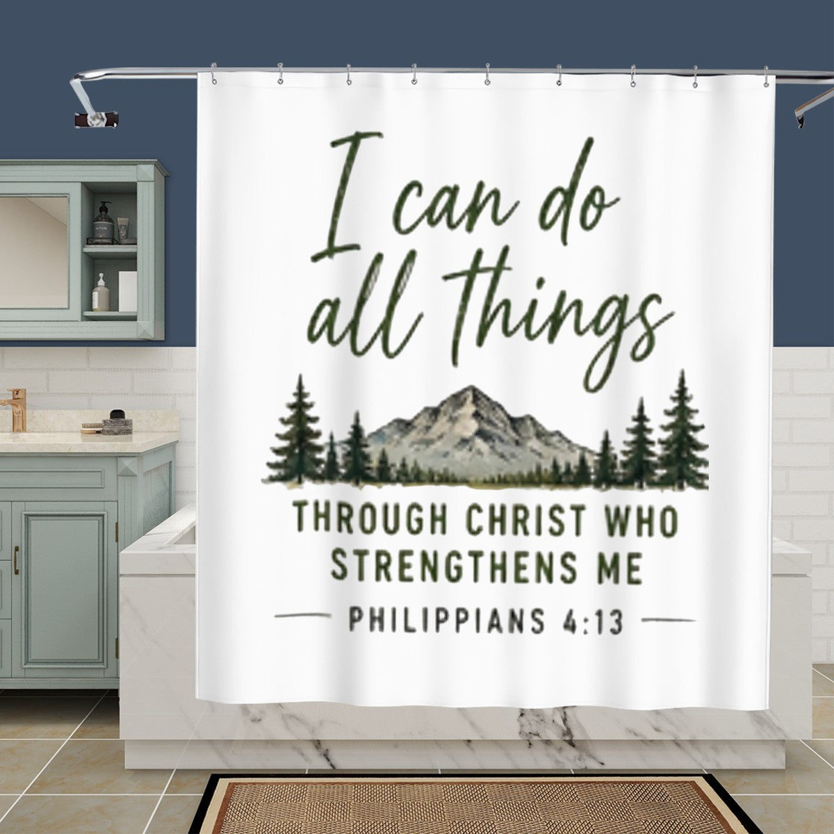Sandy Beach bathroom decor shower curtain with ocean-inspired design hanging in a modern bathroom setting