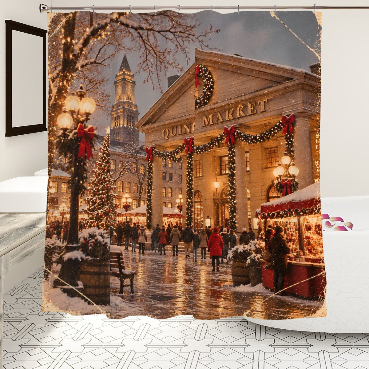 Boston Quincy Market Christmas Shower Curtain | Holiday Winter Scene