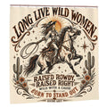 Western style shower curtain featuring a cowgirl riding a horse with 'Long Live Wild Women' text.