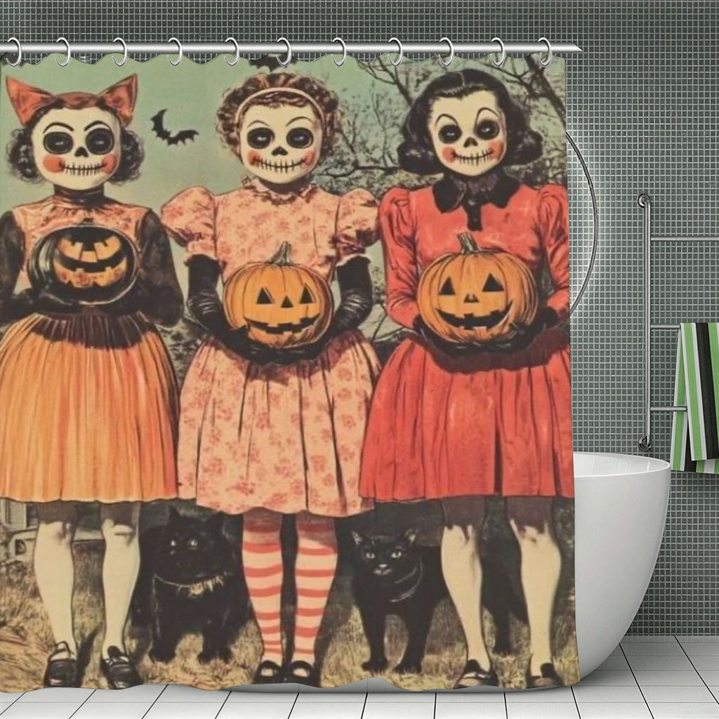 Vintage Halloween shower curtain featuring three girls in skeleton face paint holding pumpkins.