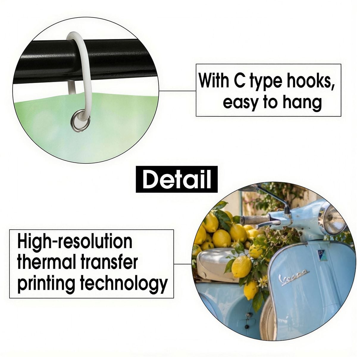 Close-up of C-type hooks for easy hanging and high-resolution thermal transfer printing detail.