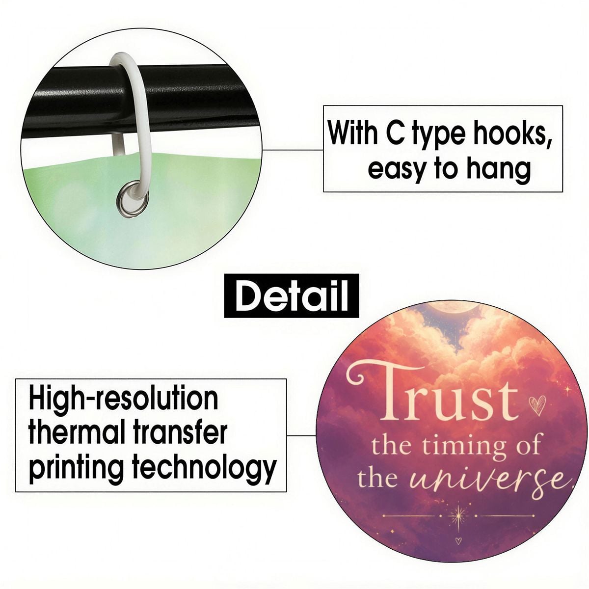 Close-up of C-type hooks for easy hanging and high-resolution thermal transfer print detail.