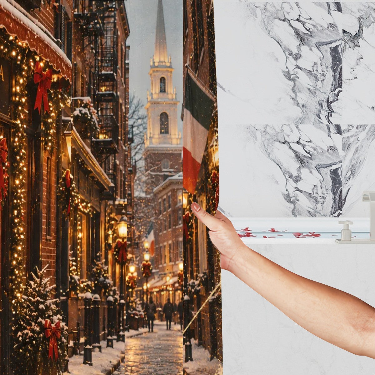 Boston North End Christmas Shower Curtain | Snowy Holiday Street