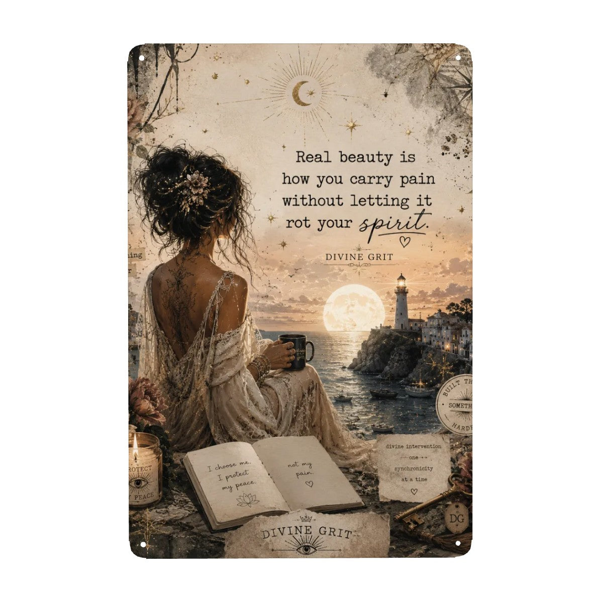 Inspirational garden flag featuring a woman by the sea with a motivational quote about spirit.