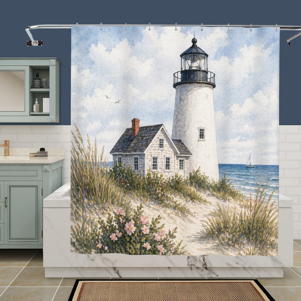 Sandy Beach bathroom decor shower curtain with beach-themed design hanging in a modern bathroom setting.