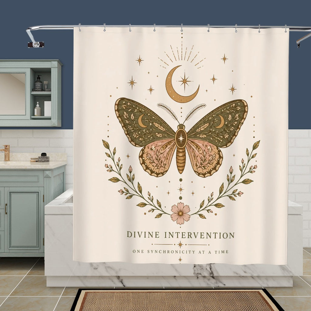 Divine Intervention Butterfly Shower Curtain by Sandy Beach featuring celestial butterfly and spiritual transformation design for boho bathroom decor.