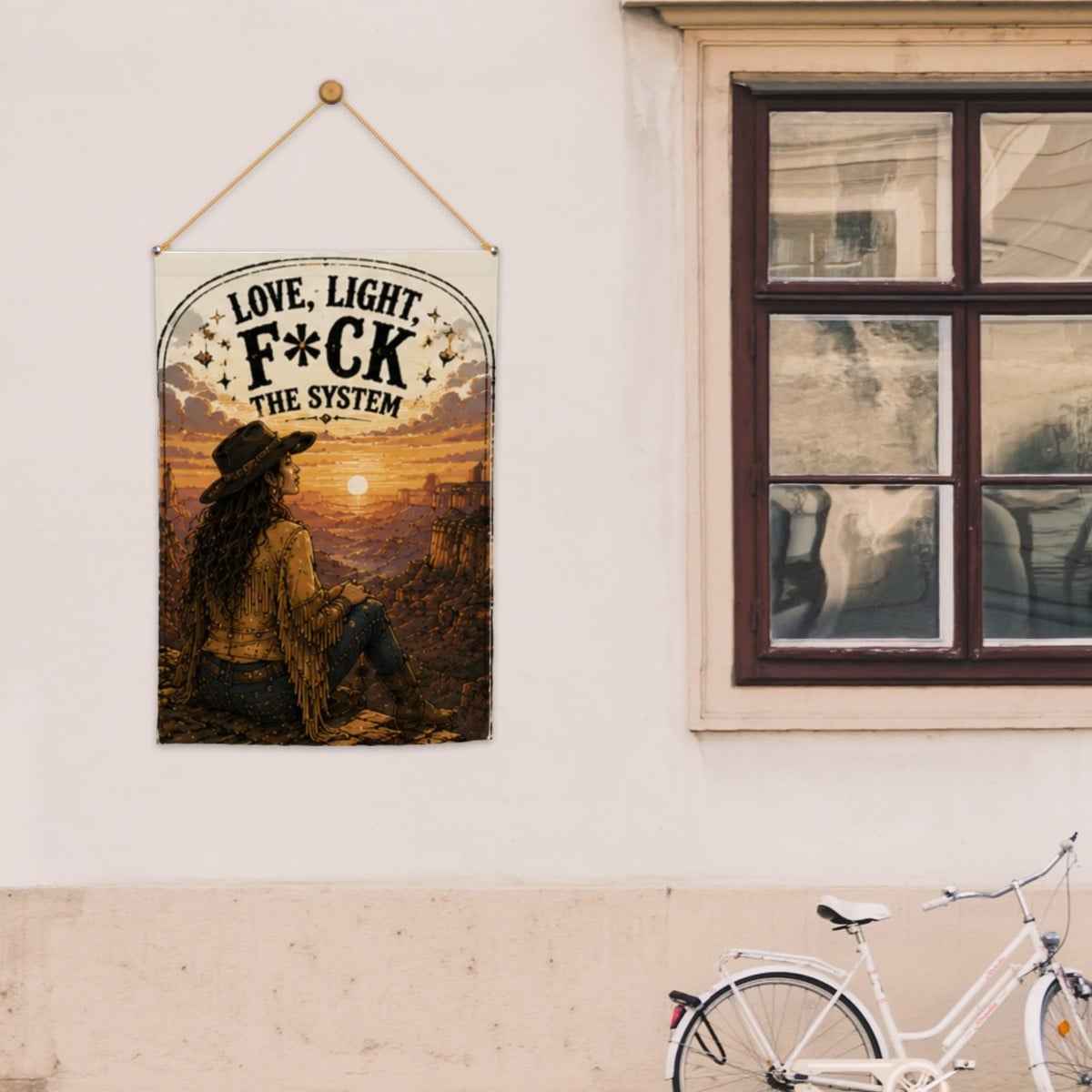 Love, Light, F*ck the System Garden Flag – Cowgirl Western Sunset Outdoor Decor