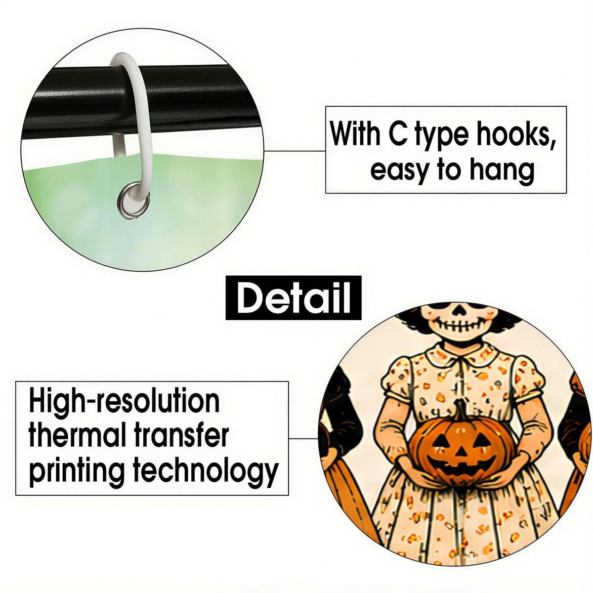 Detail of C-type hooks for hanging and high-resolution thermal transfer printing on a Halloween decor item.