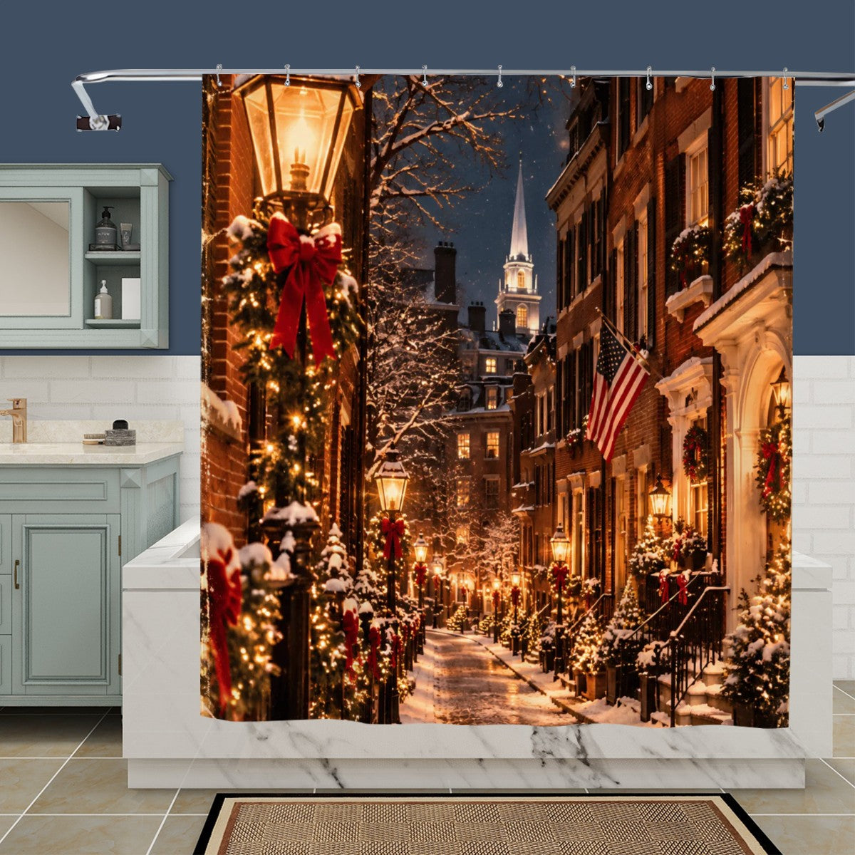 Boston Beacon Hill Christmas Shower Curtain | Snowy Lantern-Lit Street