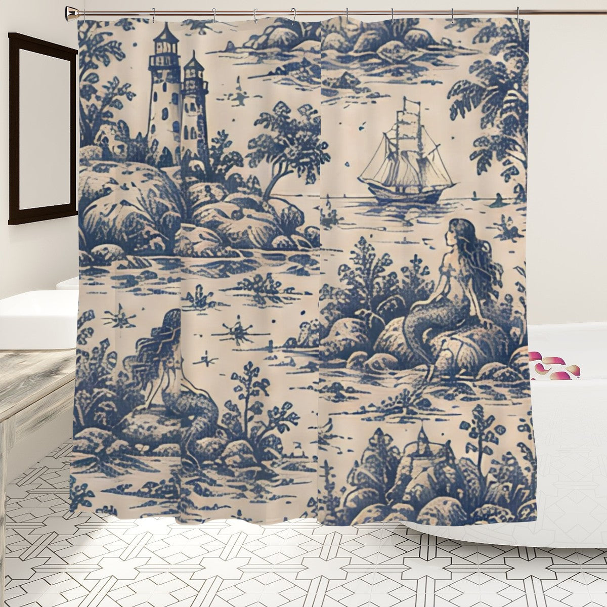 Blue and white toile shower curtain featuring mermaids, a sailing ship, and coastal scenery.