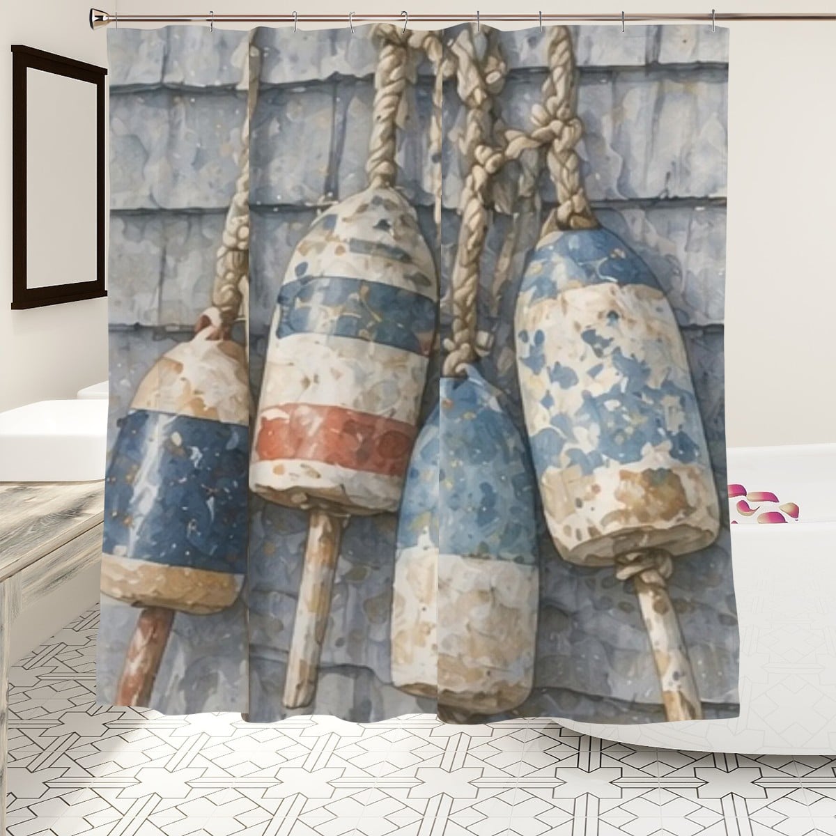 Sandy Beach bathroom decor shower curtain with beach and ocean-themed design hanging inside a modern bathroom.