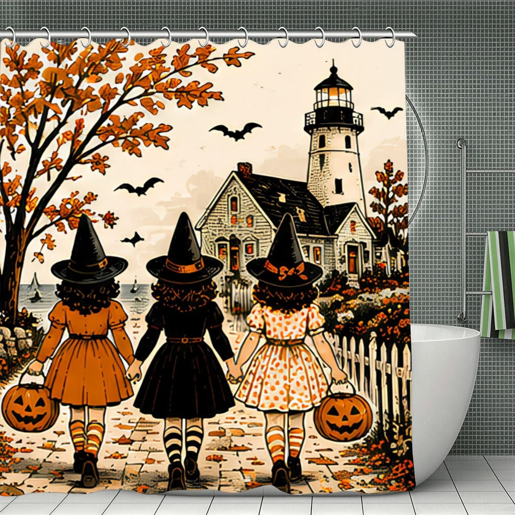 Halloween shower curtain featuring three girls in witch hats walking toward a lighthouse.