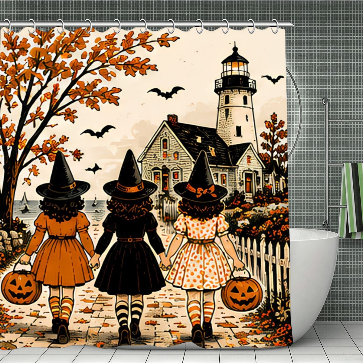 Halloween shower curtain featuring three girls in witch hats walking toward a lighthouse.