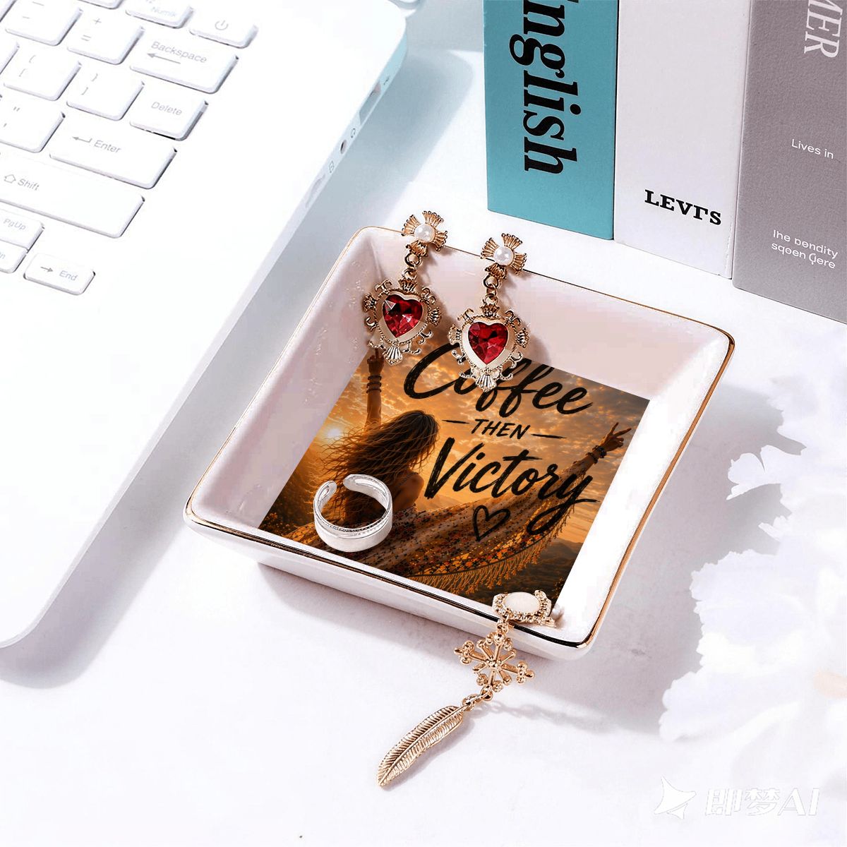 Gold Trim Ceramic Jewelry Dish — Coffee Then Victory