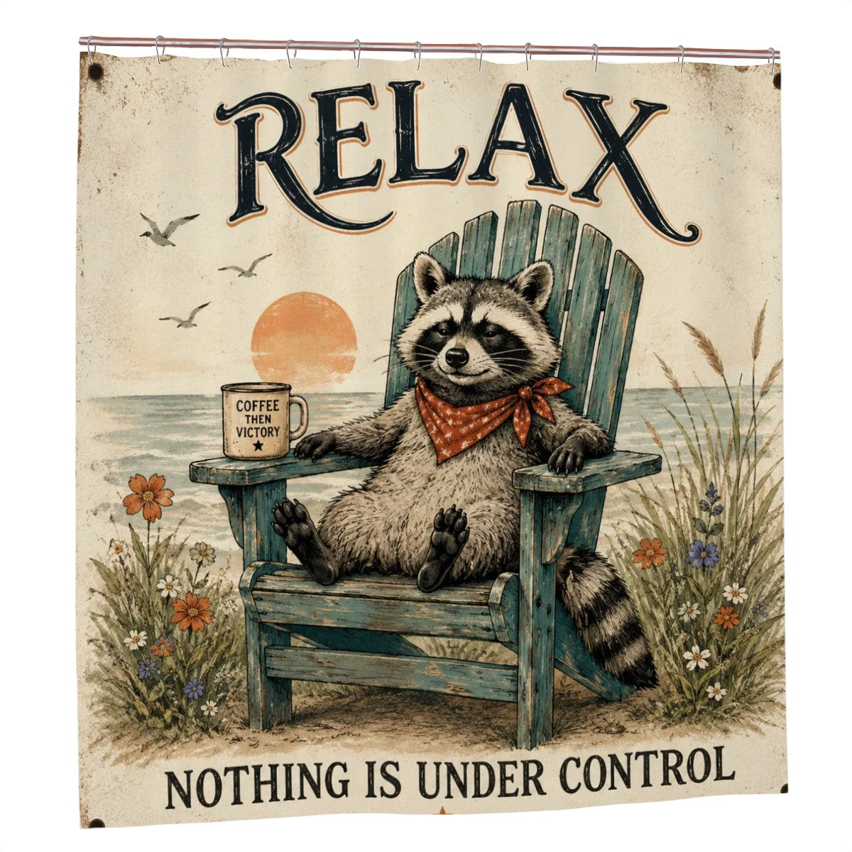 Vintage style shower curtain featuring a raccoon relaxing in an Adirondack chair by the beach.