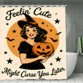 Halloween shower curtain featuring a cute witch holding a jack-o'-lantern with bats and stars.