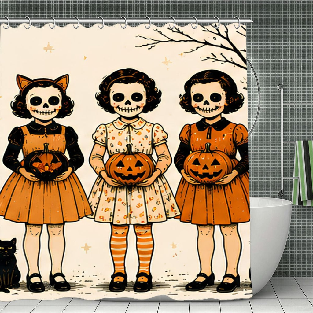 Spooky Halloween shower curtain featuring three girls with skull faces holding jack-o'-lanterns