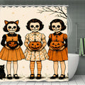 Spooky Halloween shower curtain featuring three girls with skull faces holding jack-o'-lanterns