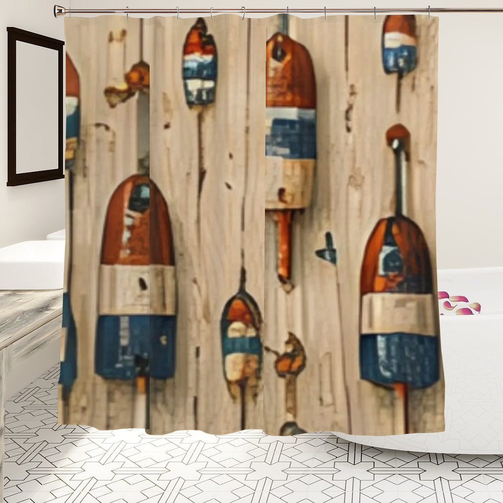 Rustic shower curtain featuring vintage colorful fishing buoys on a weathered wood background.