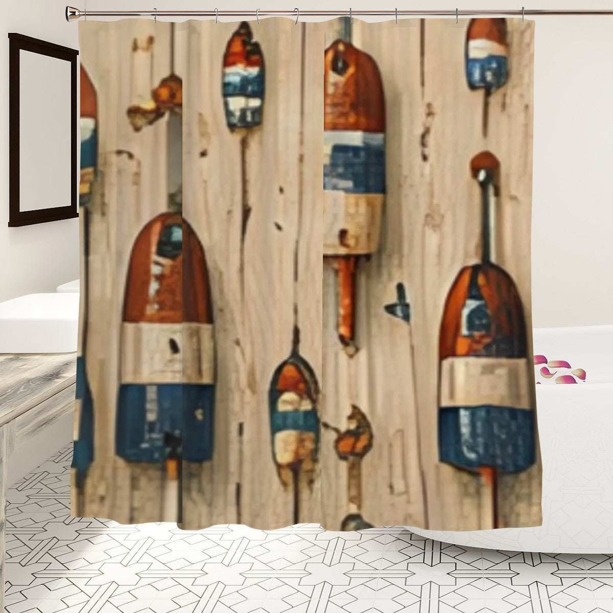 Rustic shower curtain featuring vintage colorful fishing buoys on a weathered wood background.