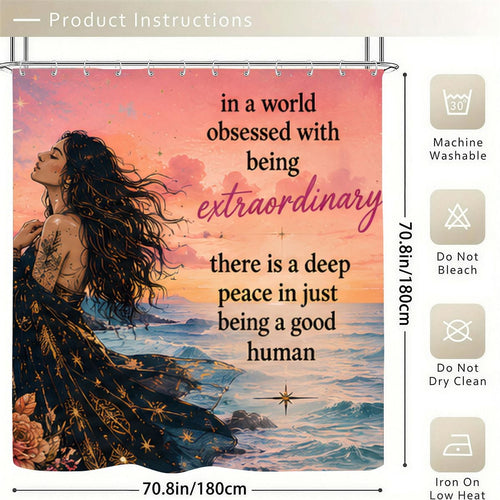 "Be a Good Human" Inspirational Shower Curtain | Coastal Sunset Bathroom Decor
