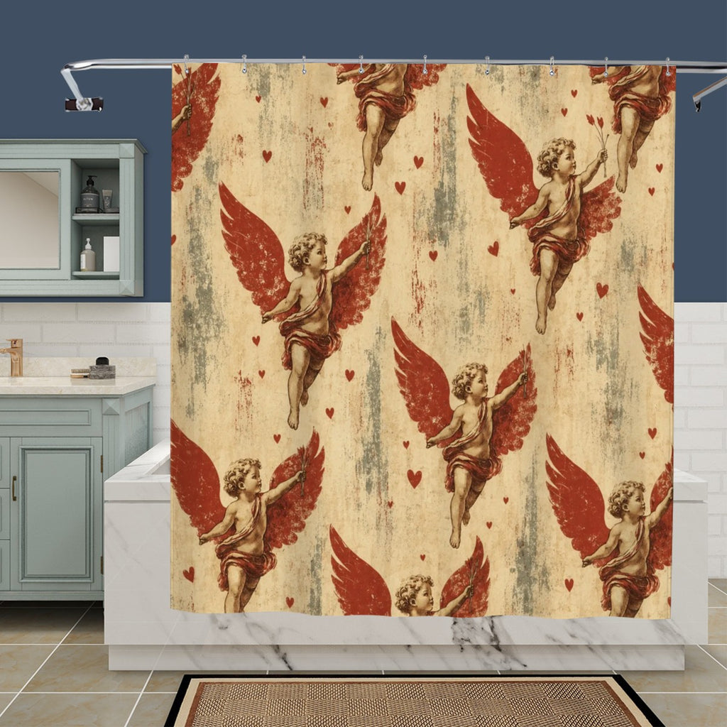 Vintage style shower curtain featuring red winged cherubs on a distressed cream background.