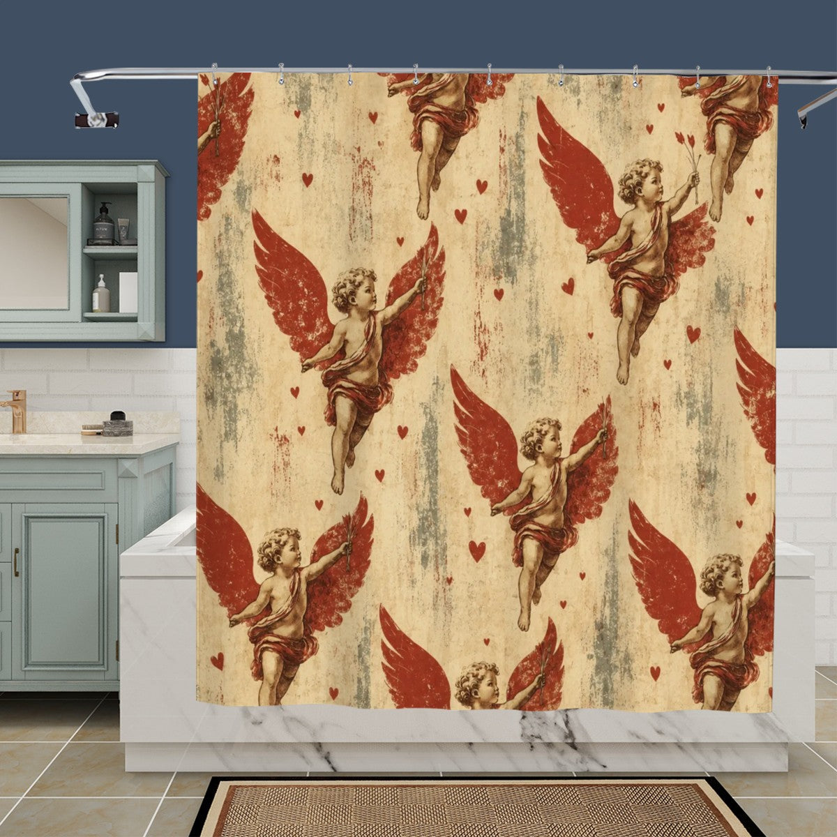 Vintage style shower curtain featuring red winged cherubs on a distressed cream background.