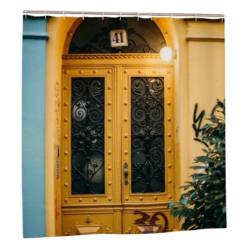Vintage yellow door shower curtain from Sandy Beach, featuring a charming bathroom decor design with a nostalgic style.