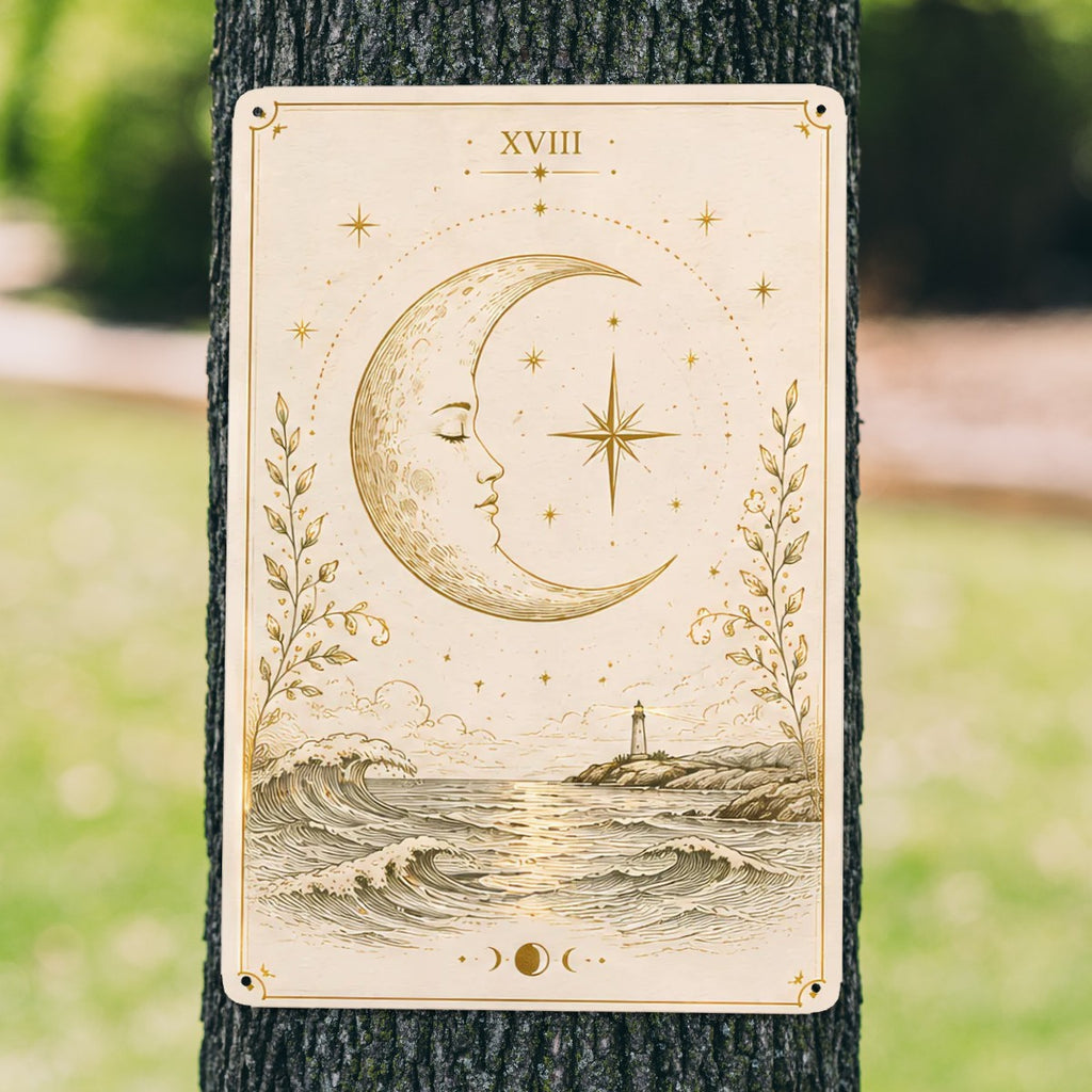 Celestial garden flag featuring a crescent moon face, stars, and a lighthouse over ocean waves.