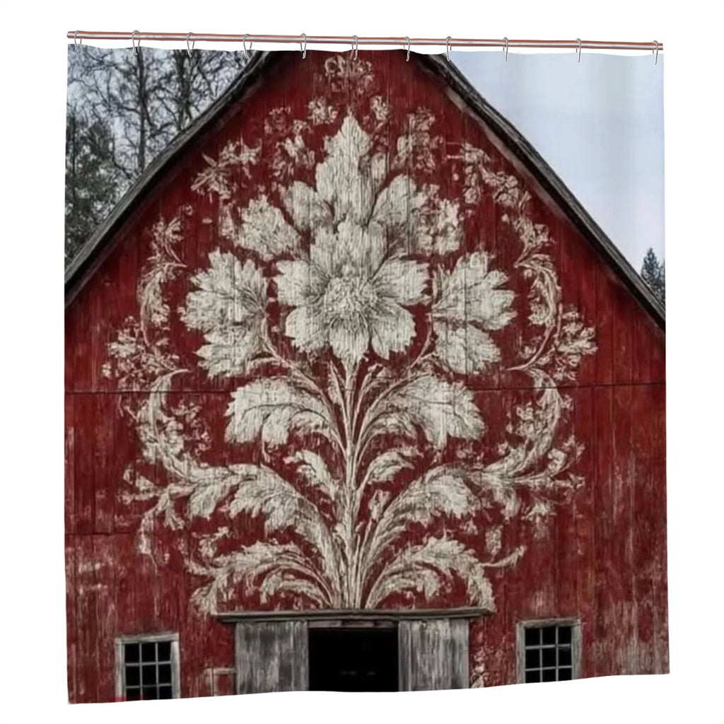 Rustic Red Barn Floral Farmhouse Shower Curtain