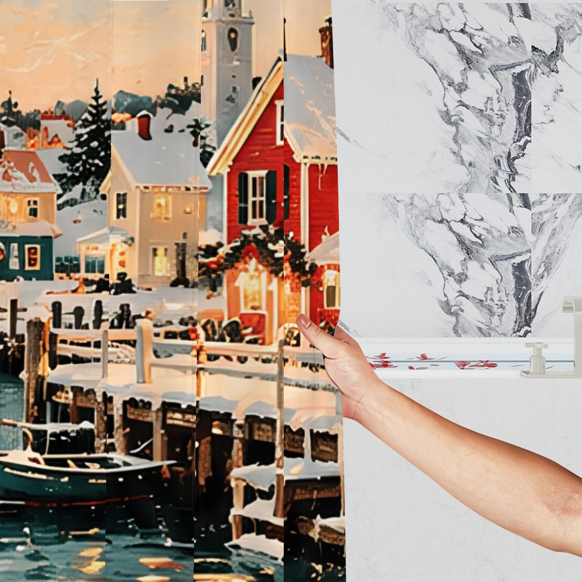 Coastal Christmas Village Shower Curtain | Snowy Harbor Winter Scene