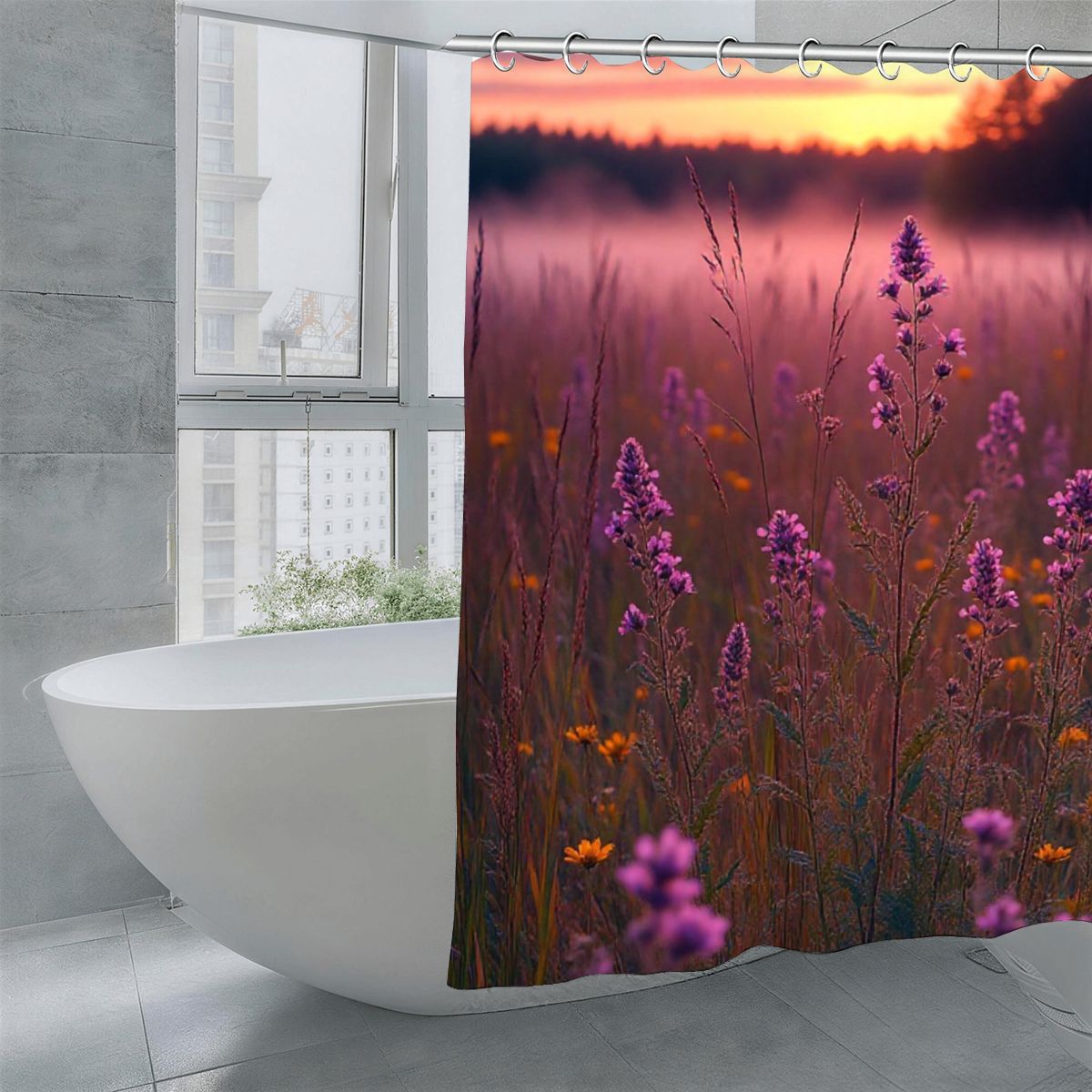 Floral shower curtain featuring purple wildflowers and a sunset meadow landscape.