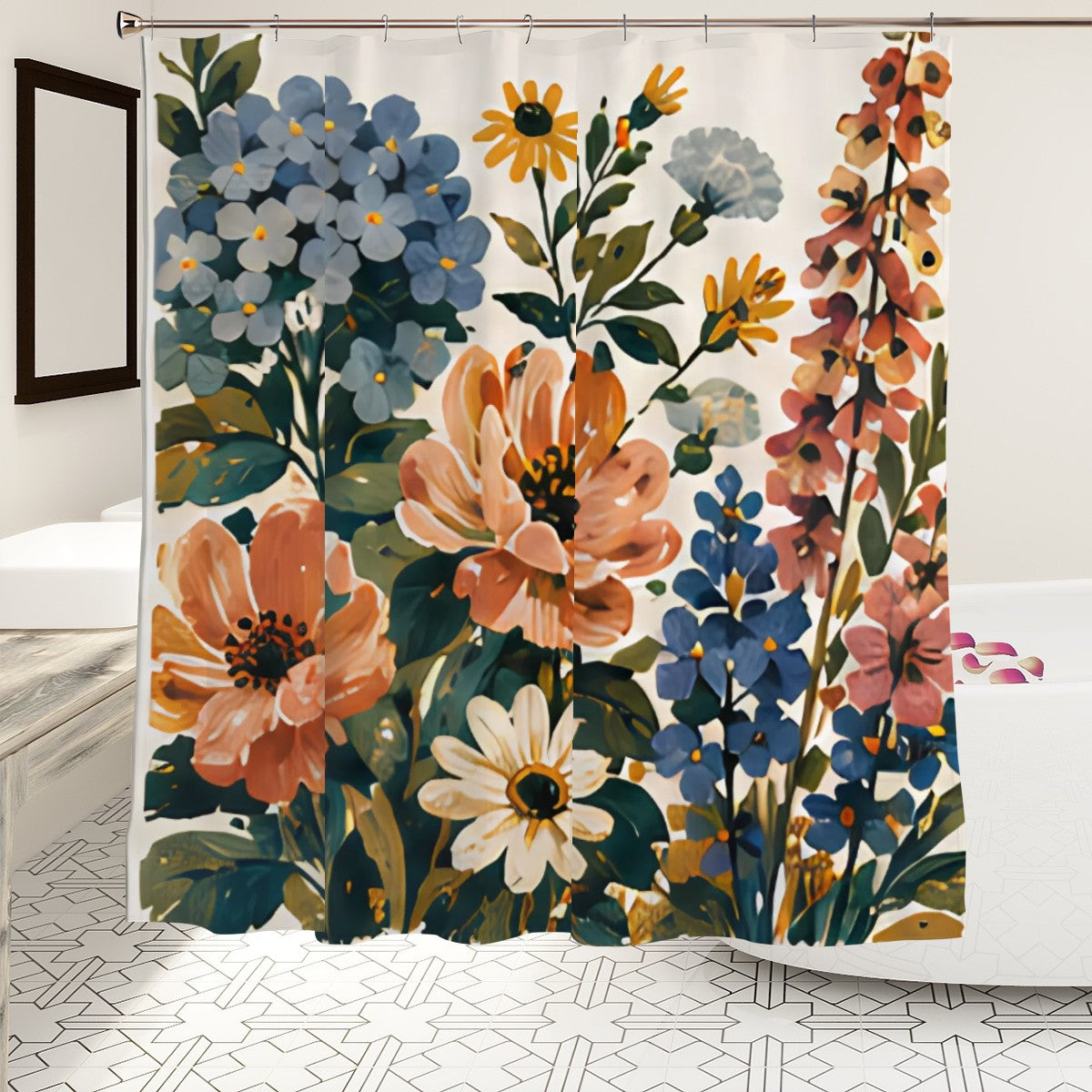 Floral pattern shower curtain with colorful blue, peach, and yellow flowers.