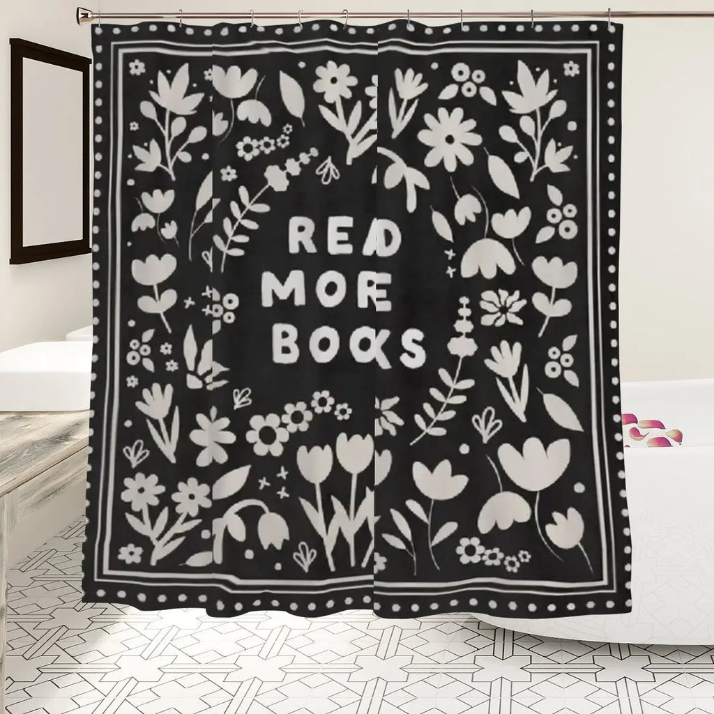 Sandy Beach Read More Books shower curtain featuring a colorful bathroom decor design with book illustrations.