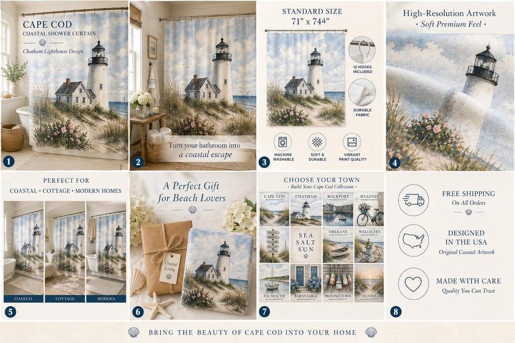 Chatham Lighthouse shower curtain by Sandy Beach featuring Cape Cod coastal decor and Massachusetts ocean scene for nautical bathroom style
