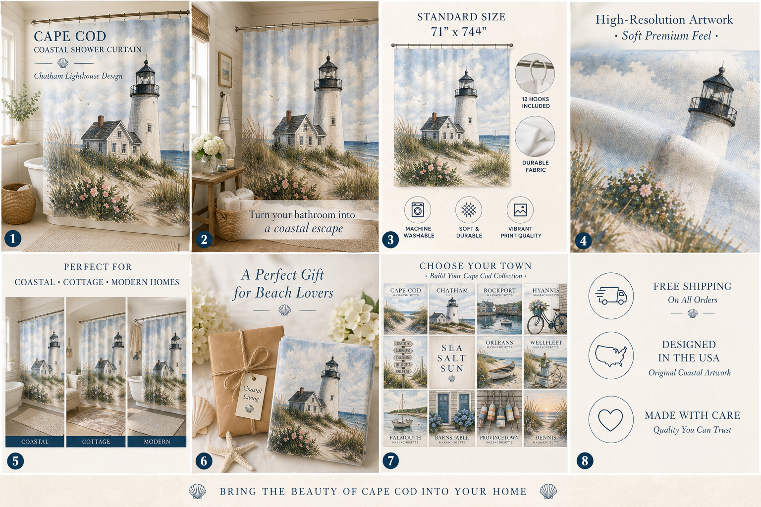 Chatham Lighthouse shower curtain by Sandy Beach featuring Cape Cod coastal decor and Massachusetts ocean scene for nautical bathroom style