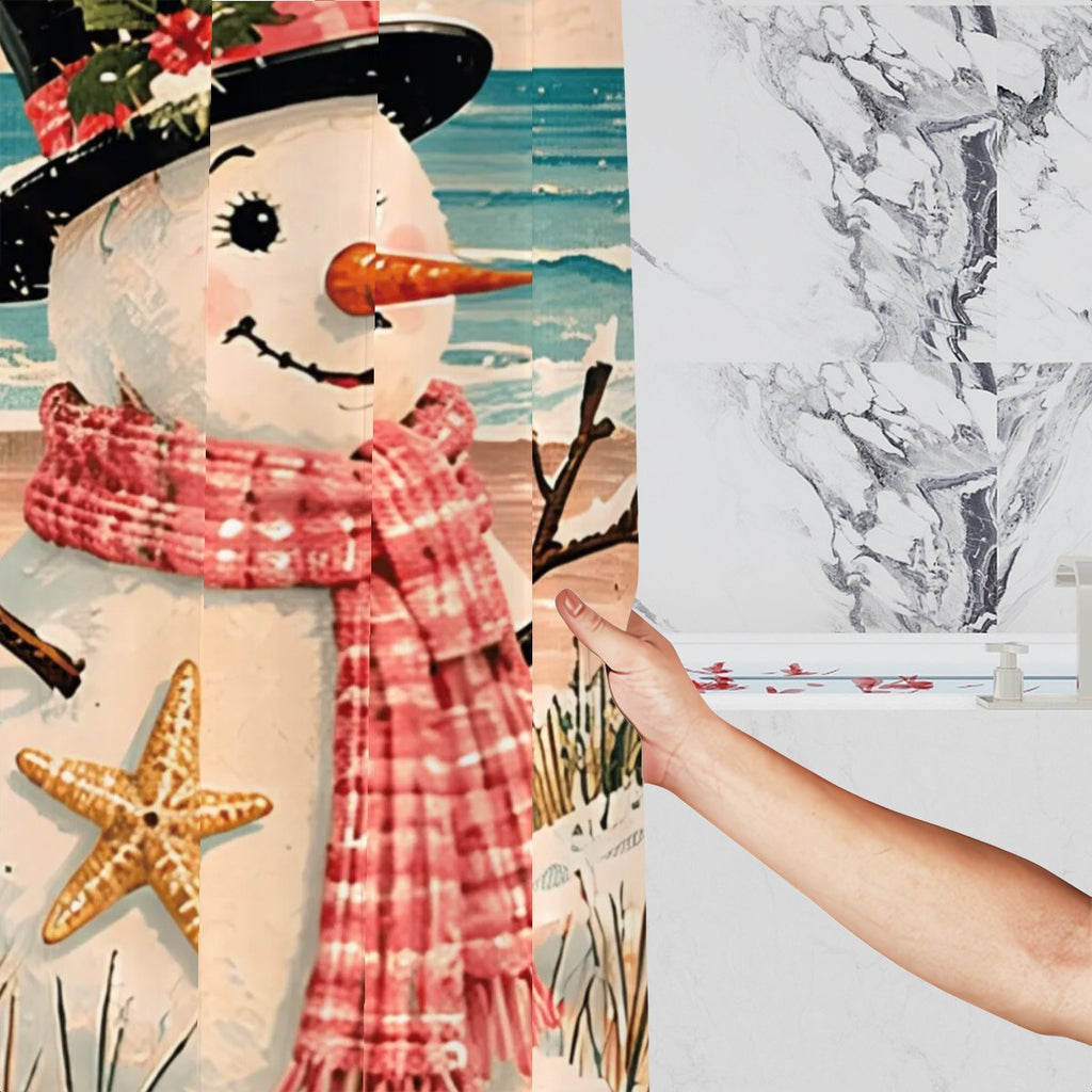 Coastal Snowman Christmas Shower Curtain | Starfish & Pink Plaid Scarf