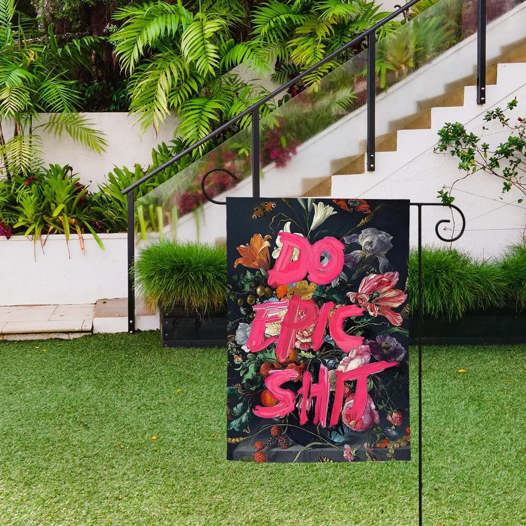 Sandy Beach Do Epic Shit garden flag with bold black lettering on a vibrant background, perfect for outdoor garden decor.