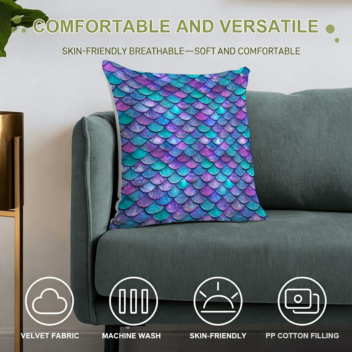 Colorful mermaid scale pattern velvet throw pillow on a gray sofa.