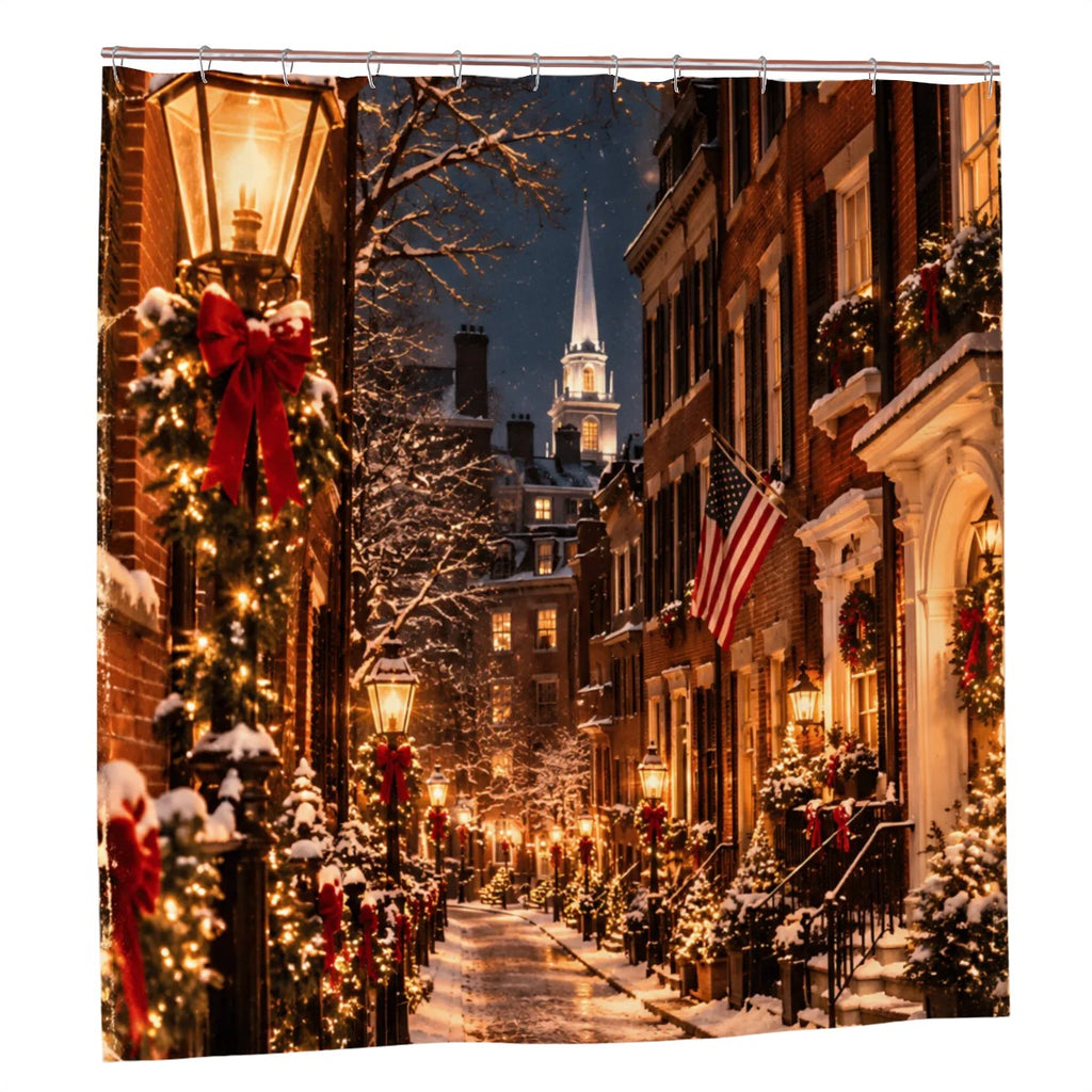 Boston Beacon Hill Christmas Shower Curtain | Snowy Lantern-Lit Street
