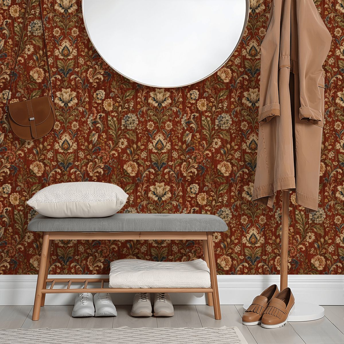 A wooden bench with a grey cushion and white pillow sits against floral patterned wallpaper.